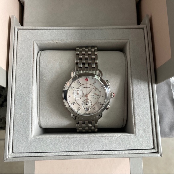 USED SLIGHTLY MICHELE SIDNEY MW30A00A0046 STAINLESS WHITE MOP DIAMOND DIAL WATCH - Picture 3 of 6